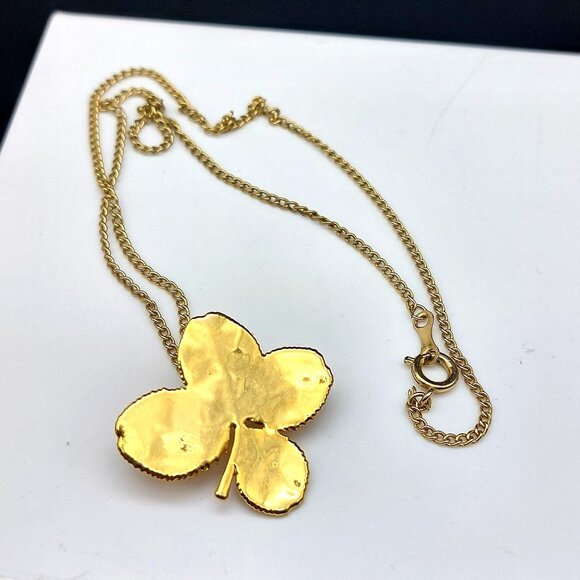 Gold Dipped Vermeil Four Leaf Clover Pendant Brooch On 20" Chain Necklace - Picture 4 of 7